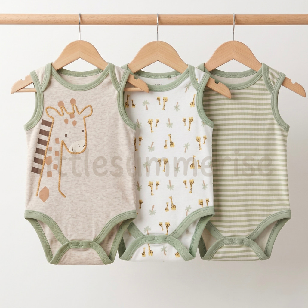 LITTLESUMMERISE - Jumper Bayi Kutung 3pcs Unisex Bodysuit Sleeveless Katun Lembut 0-9bulan (3VS SAFA