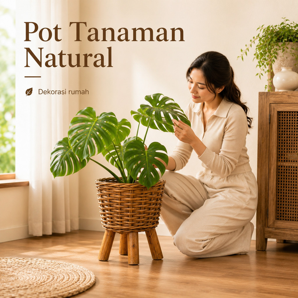 Hiasan Rumah Aesthetic Pot Tanaman Rotan Kaki Kayu Wadah Vas Bunga Anyaman Alami