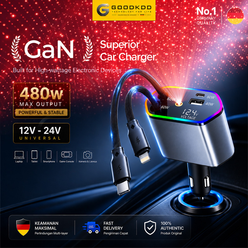 GOODKDD Car Charger Mobil PD Type C Fast Charging480w GaN Cas Super Cepat 2 Kabel Retractable 90cm B