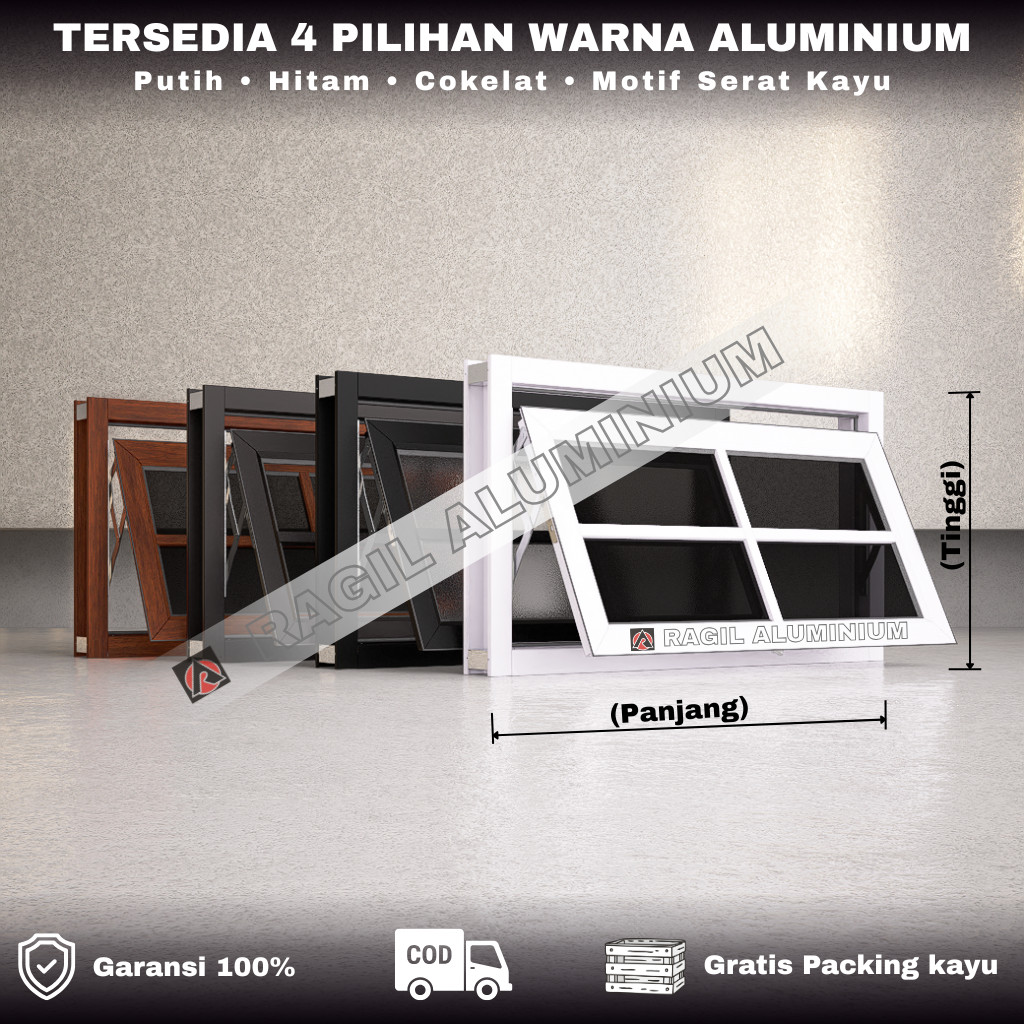 Jendela Aluminium Boven 1 Daun Jungkit Casement Ornamen Tinggi 50 cm x Panjang 80 cm (50x80)