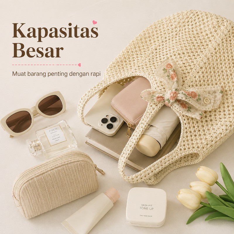 Paket Hemat Tote Bag Rajut Wanita Korea Crochet Bag Tas Kasual Pantai Tas Pantai Bali Tote Bag As