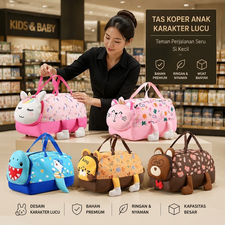 Tas Travel Anak Karakter Hewan Lucu Duffel Bag Anti Air Waterproof Selempang Jinjing Slempang Hand C