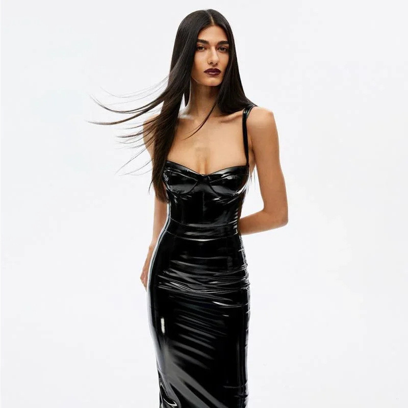 European and American style women's mirror-finish camisoledress pu Patent leather sexy bodycon skirt
