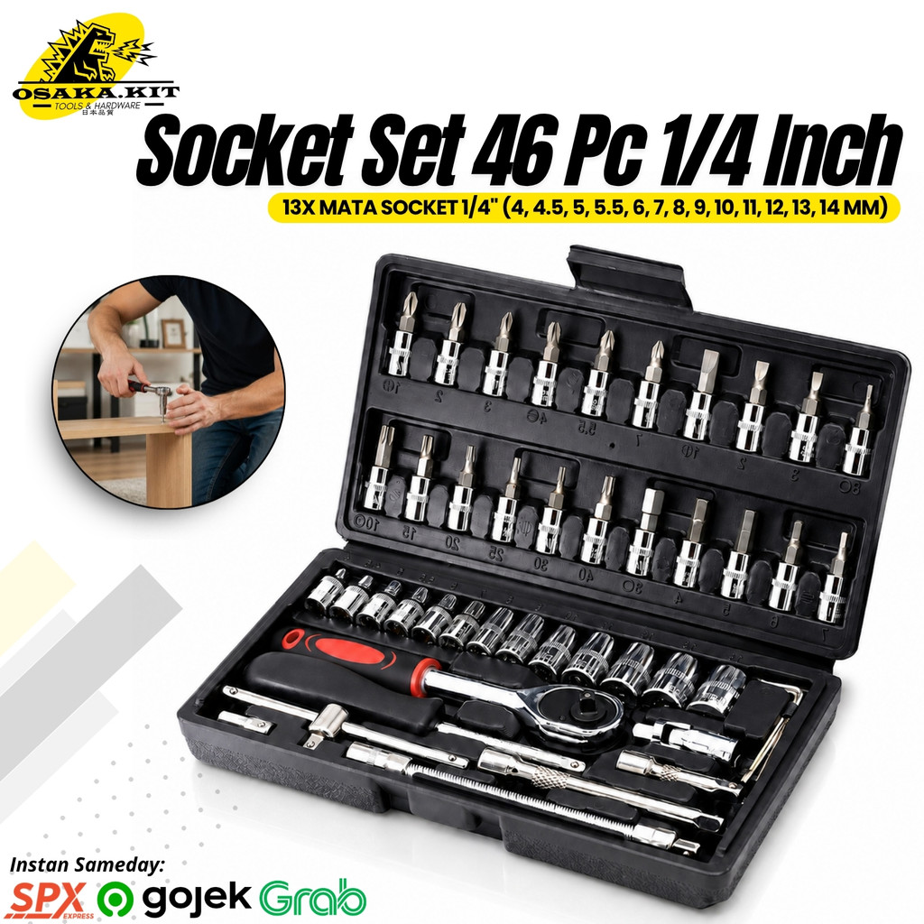 Kunci 1set Lengkap 46 Pcs Kunci Shock Set 1/4” Kunci Sok Socket Wrench Pas Socket Set Mobil Motor Le