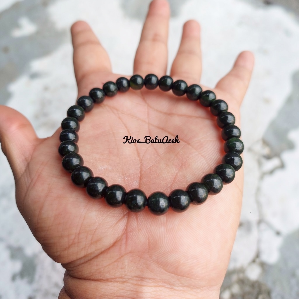Gelang Batu Giok Hitam Black Jade Original Asli Aceh Bulat Size 8