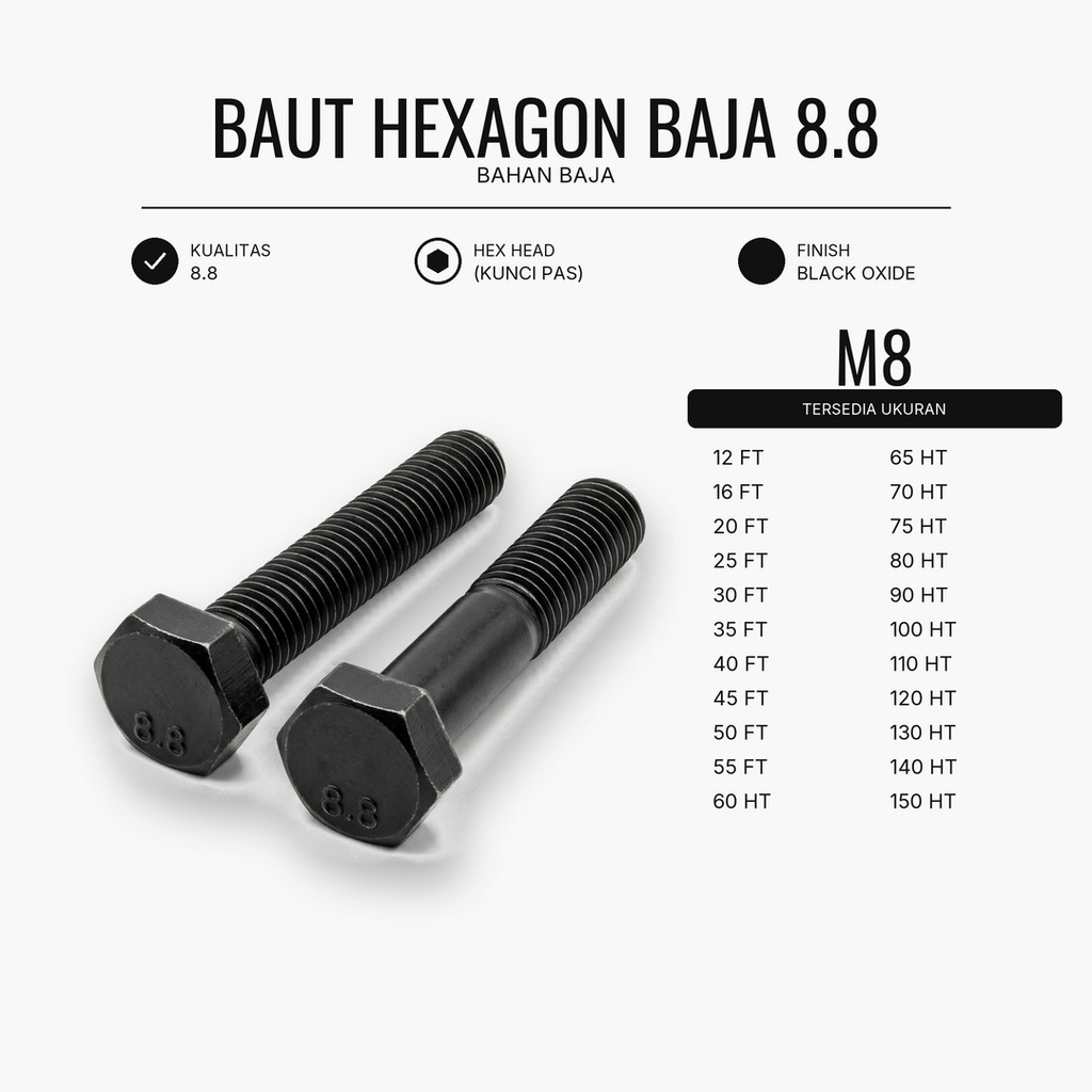 Baja 8.8 Baut M8X80 / Baut 8X80 / M8 X 80 / 8 X 80  Grade 8.8 HTB - High Tensile Bolt Half Drat
