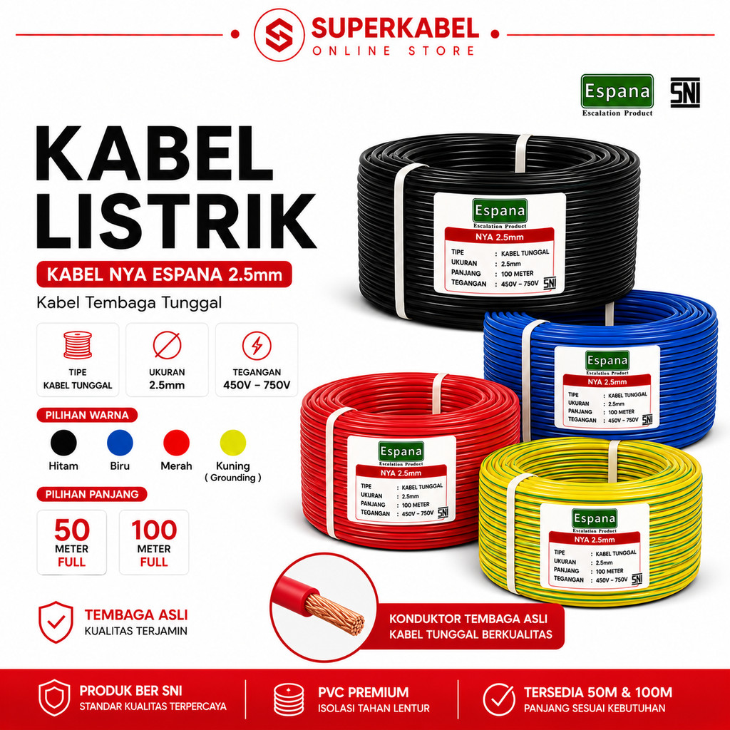 Kabel Listrik Tembaga / Kabel NYA Espana 2.5mm / Kabel Tembaga Tunggal 50 Meter / 100 Meter
