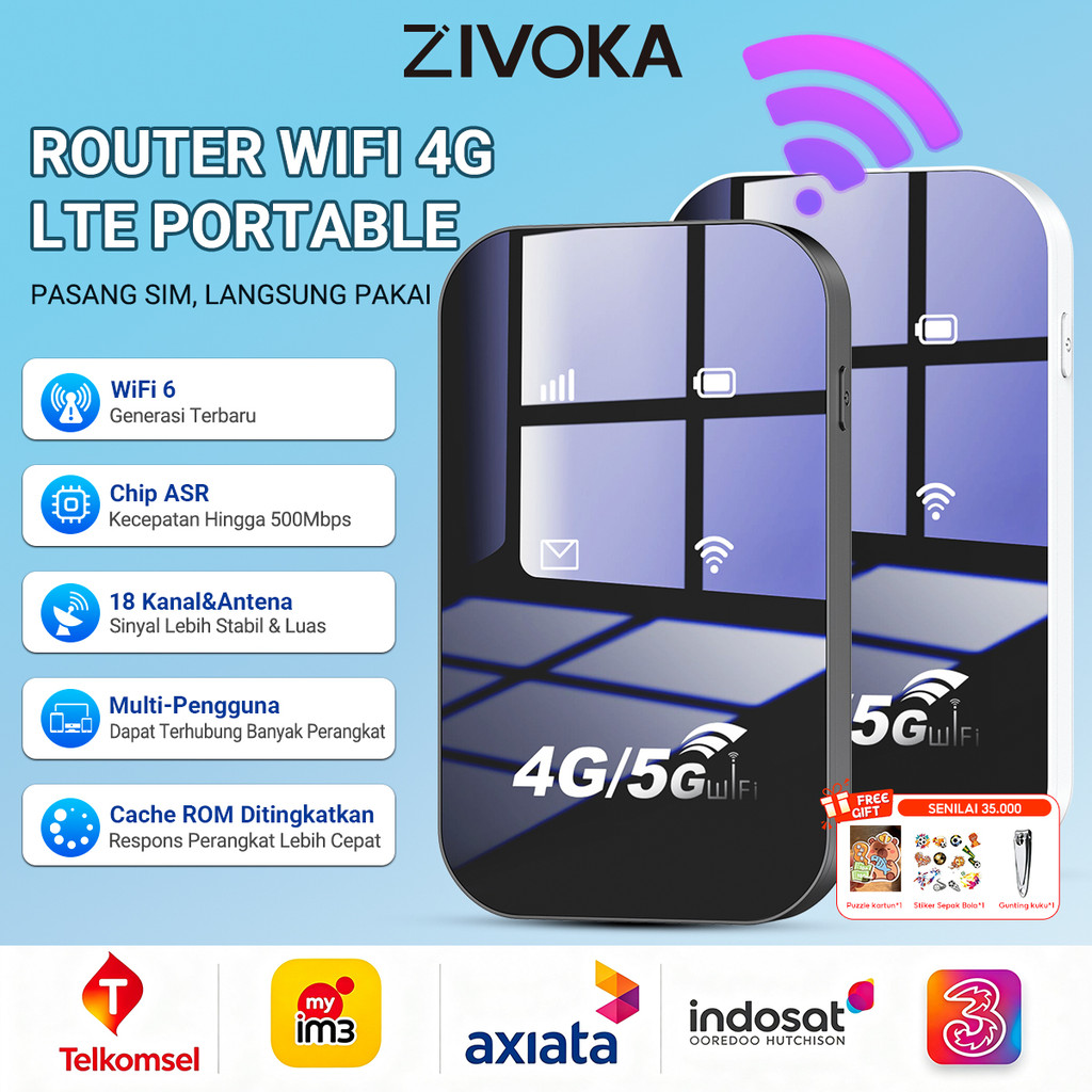 (Teknologi Eksklusif Peluncuran Pertama)ZIVOKA Router Wifi 4G/5G LTE Portable WiFi6 Pasang SIM Langs