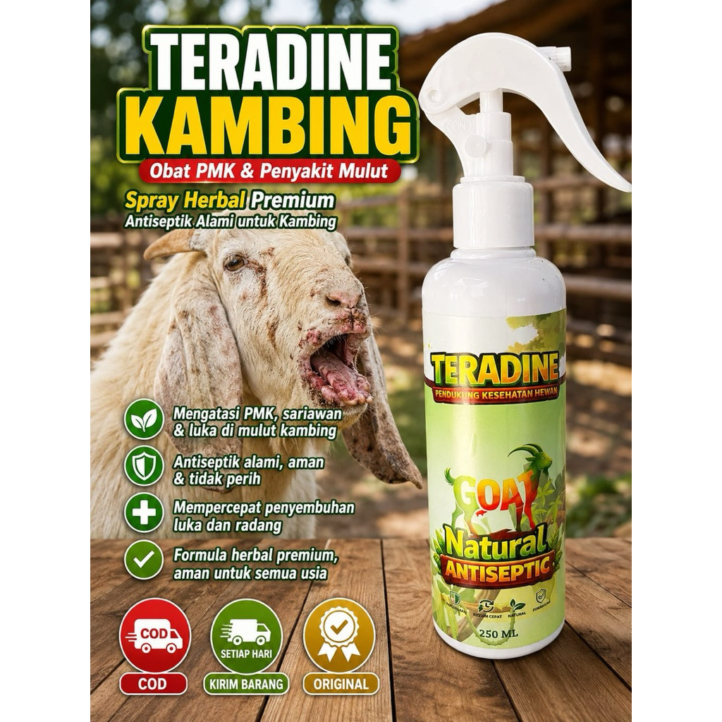TERADINE 250ML - OBAT LUKA KAMBING,OBAT PMK KAMBING,OBAT ANTI INFEKSI LUKA KAMBING,ANTI VIRUS KAMBIN