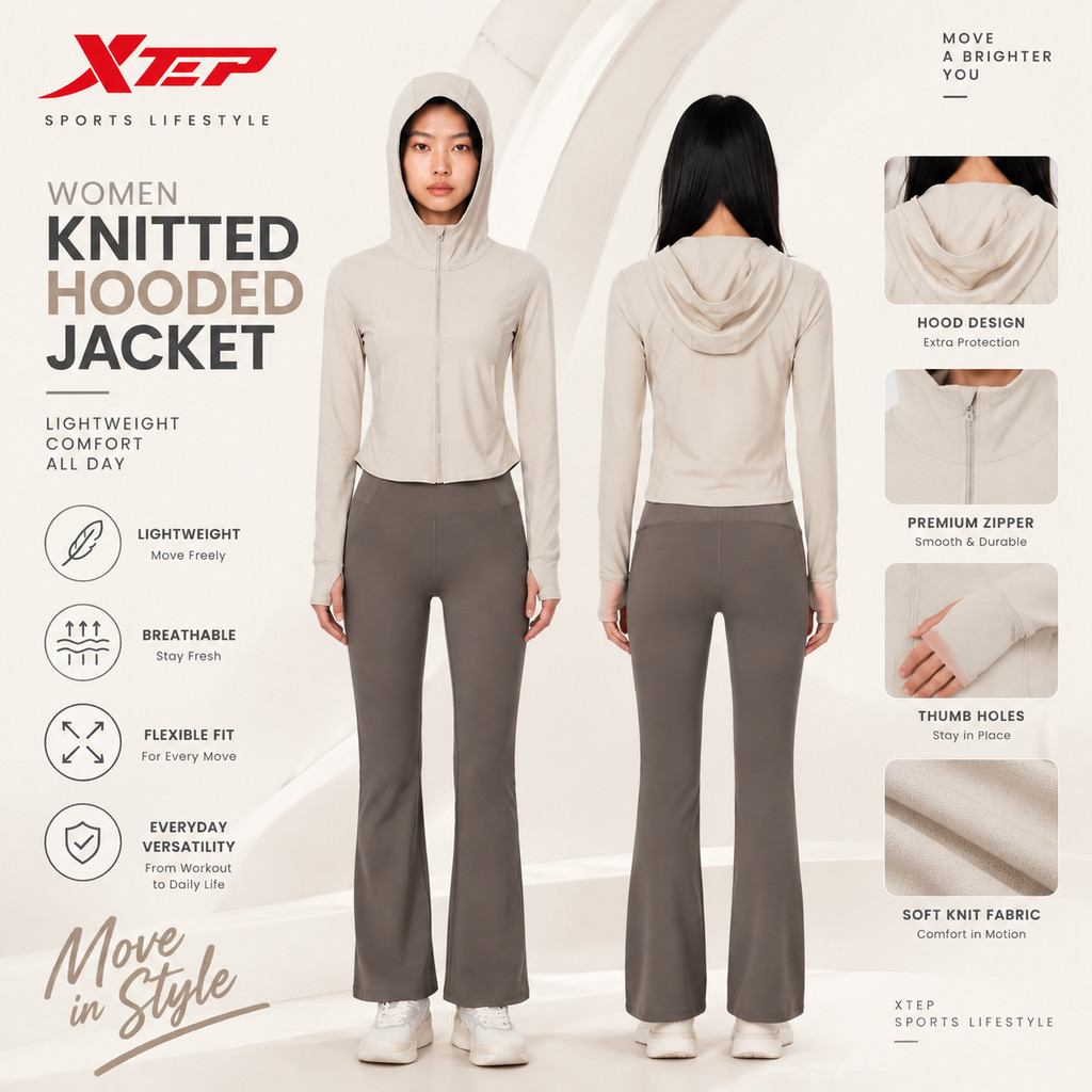 XTEP Knitted Hooded Jacket Wanita 974228940203 | Jaket Olahraga Wanita Hoodie Sport Casual Original