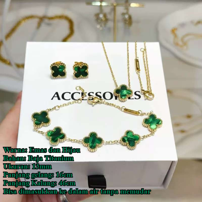 13mm Set tiga potong perhiasan wanita semanggi empat daun titanium vintage (anting-anting + kalung +