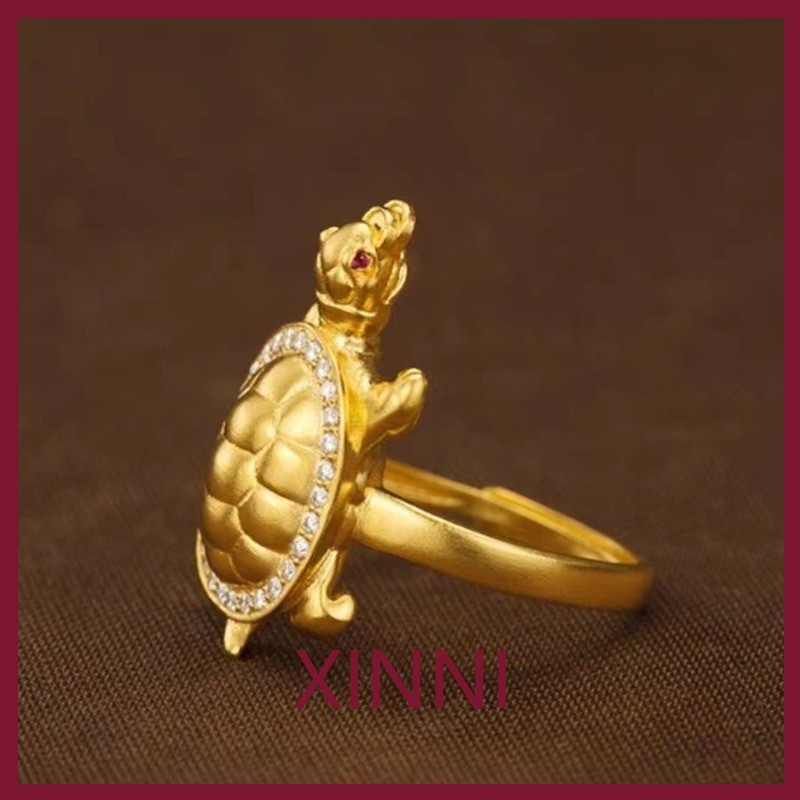 XINNI Cincin Emas Kecil Cincin Kura-Kura Emas Metode Kuno Cina Pasir Emas Binatang Keberuntungan Can