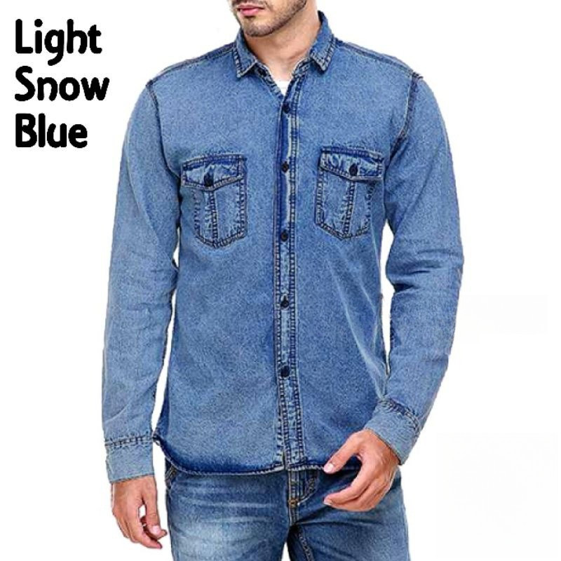 Baju Kemeja Hem Denim Jeans Pria Lengan PANJANG Premium Distro Casual Shirt Snow Atasan Polos