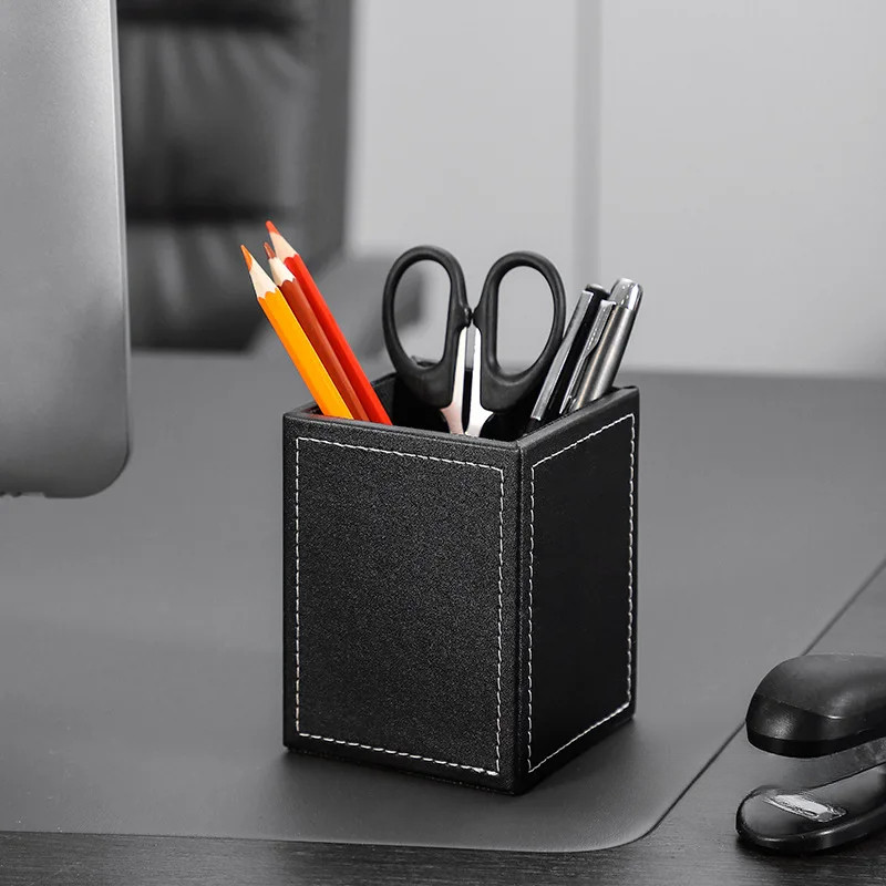 Leather Pencil Holder Creative Student Stationery Office Simple Square Pencil Case Desk Organizer Bl