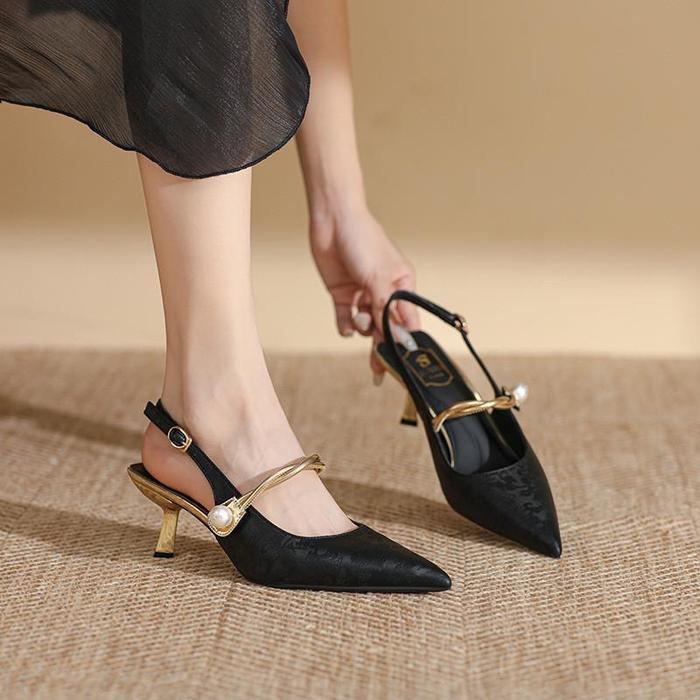 [YZL]1589 Sepatu Heels Hak Wanita 6255 TALI EMAS heel 7 cm Cewek Batik ELEGAN CANTIK - Hitam, 36
