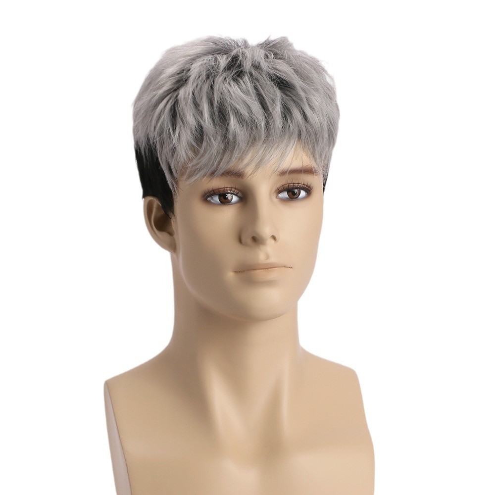 Penutup Wig Pria, Rambut Pendek Keriting Kecil, Penutup Rambut Sintetis Pria, Rambut Pendek Keriting