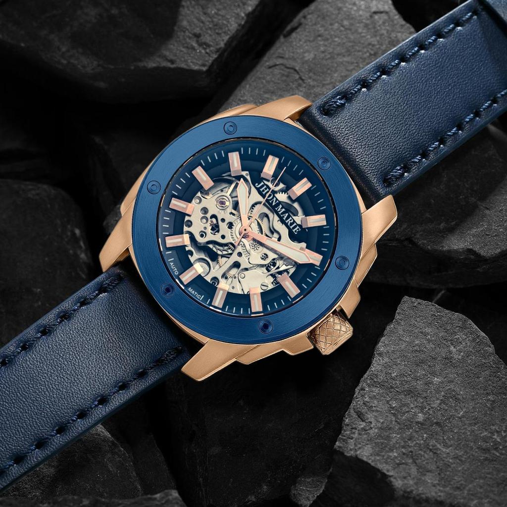 Jam Tangan Pria Jhon Marie 9520 Automatic Kulit Premium Original Blue Safier Bergaransi 12 Bulan