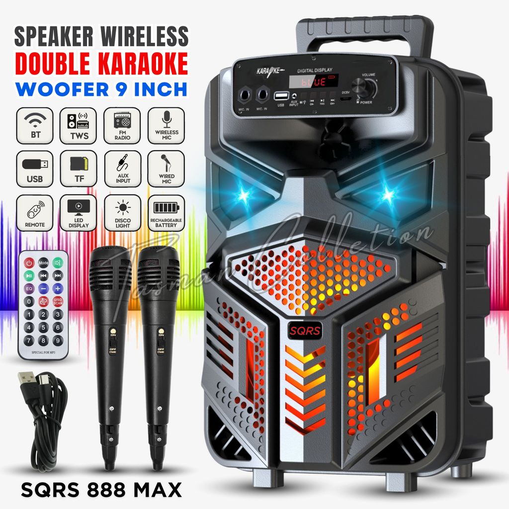 Terlaris Speaker Aktif Bluetooth Full Bass 9 Inch SQRS 888 MAX GRATIS (2 MIC + REMOT + CHARGER USB )