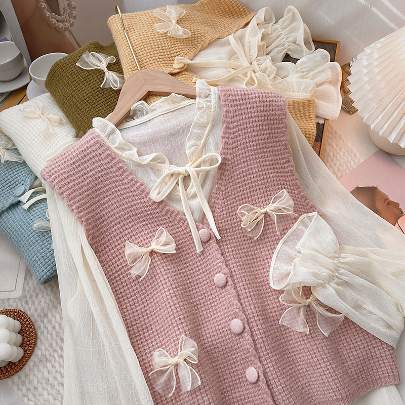 Wanita Gaya Korea Wanita Blus Kemeja Lengan Panjang Longgar + Rompi Rajut 2 pcs Pakaian Kasual