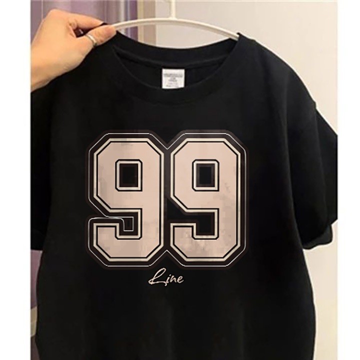 Kaos lengan pendek cetak wanita Korea nomor 99/pakaian wanita gaya modern/atasan coklat modis dan el