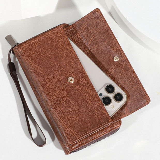 Dompet Pria Panjang Dompet hp dan uang Kulit Gaya Retro Kapasitas Tinggi Dompet Lipat