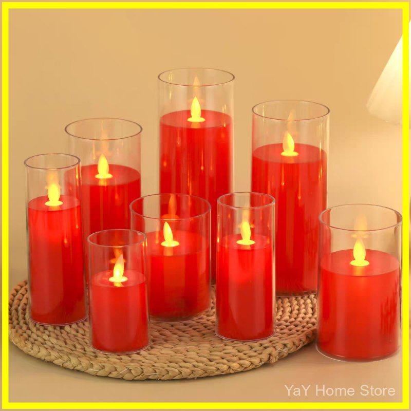Lilin Led Elektrik Api Bergoyang Merah Lilin LED Akrilik Estetik Merah Lurus, Sumbu Api Goyang + Gra