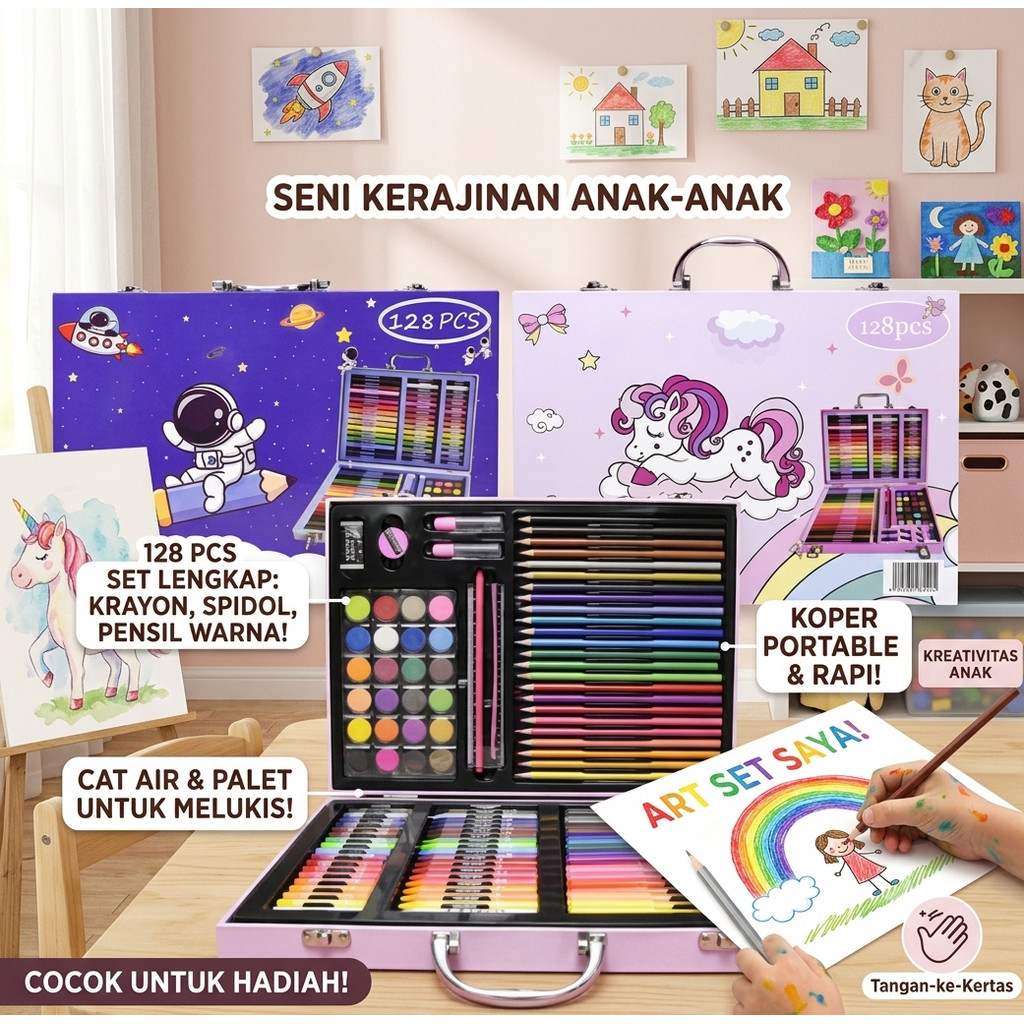 Art Set Alat Mewarnai Kerajinan Seni Anak Crayon Krayon Spidol Pensil Warna Lukis Kuas Melukis Set Lengkap 128pcs Koper Perlengkapan Melukis Mewarnai Gambar isi 128 Hadiah Ulang Tahun 6 7 8 9 10 11 12 13 14 15 Tahun Peralatan Seni Siswa Sekolah SD SMP SMA
