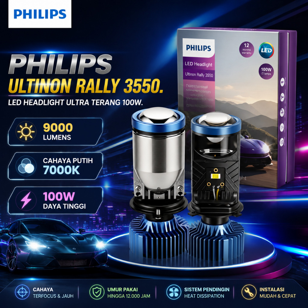 Philips lampu led h4 Y7 mobil biled h4 Depan Mobil 100 Watt Lampu Mobil Philips LED ULTINON RALLY 35