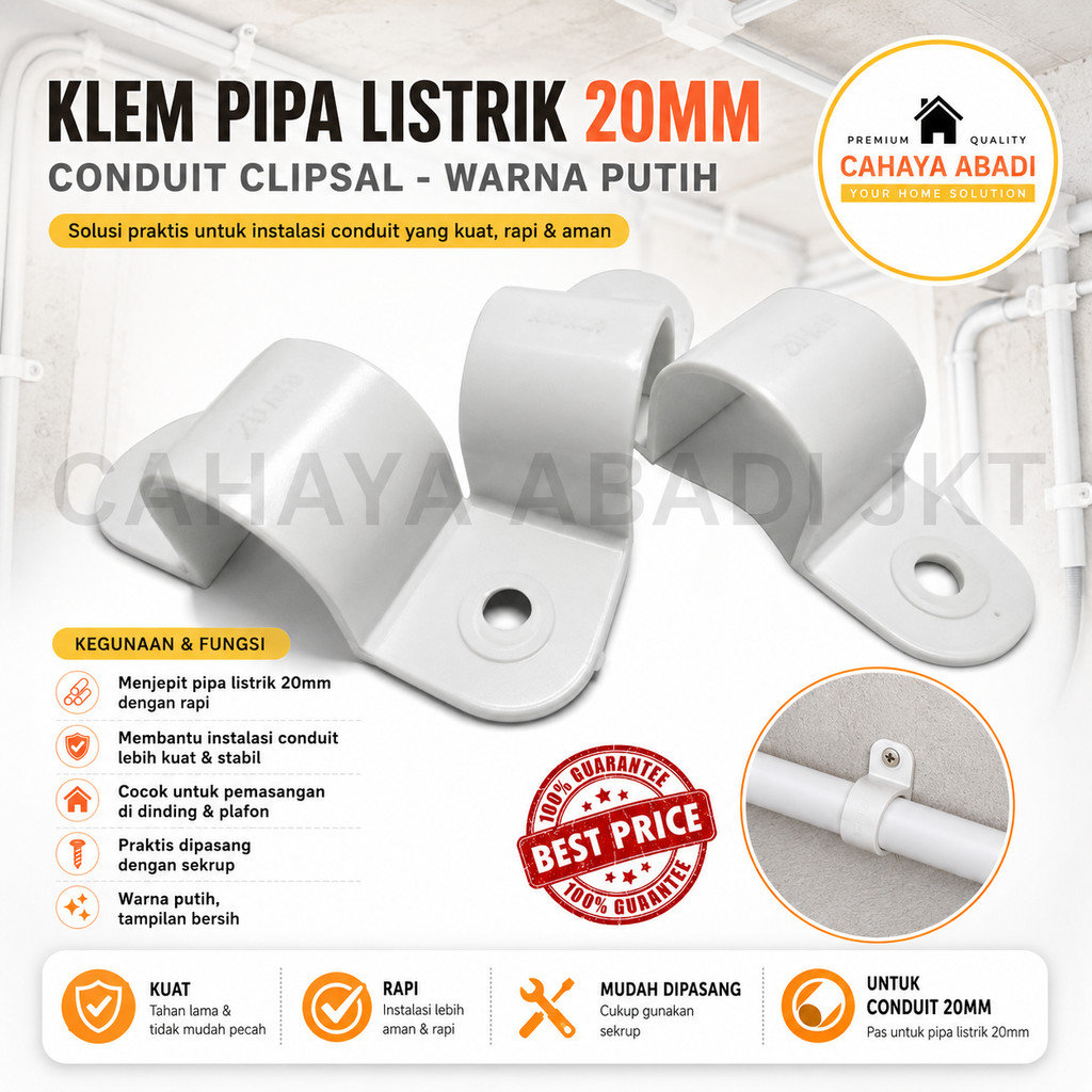 KLEM PIPA LISTRIK 20MM CONDUIT CLIPSAL Conduit Clipsal Putih | Klem Pipa PVC Listrik | Clip Pipa Con