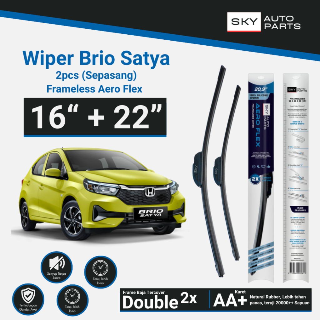 SKY Sepasang Frameless Wiper Kaca Mobil Brio Satya 16 + 22 Inci - Frameless Aero Flex