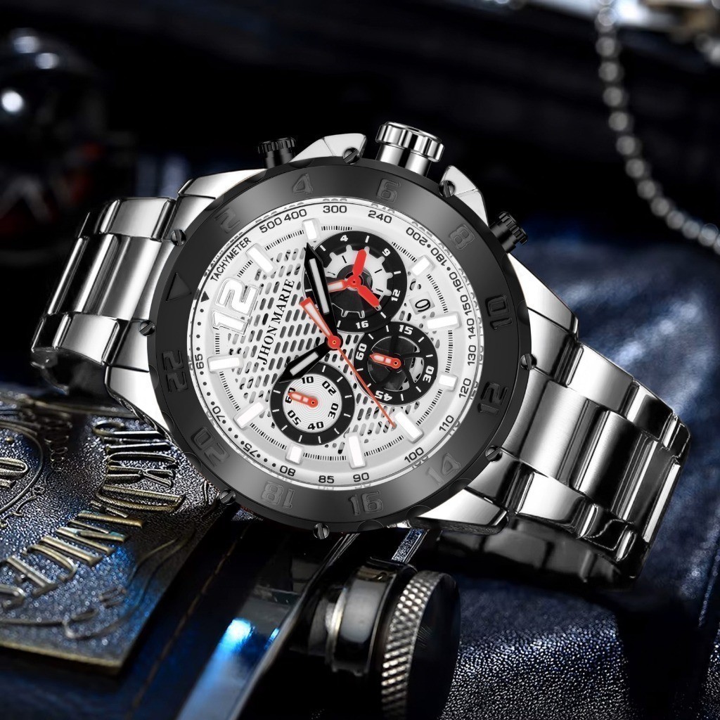 Jam Tangan Pria Jhon Marie 9507 Chrono Stainless Steel Original Blue Saffier Bergaransi 12 Bulan