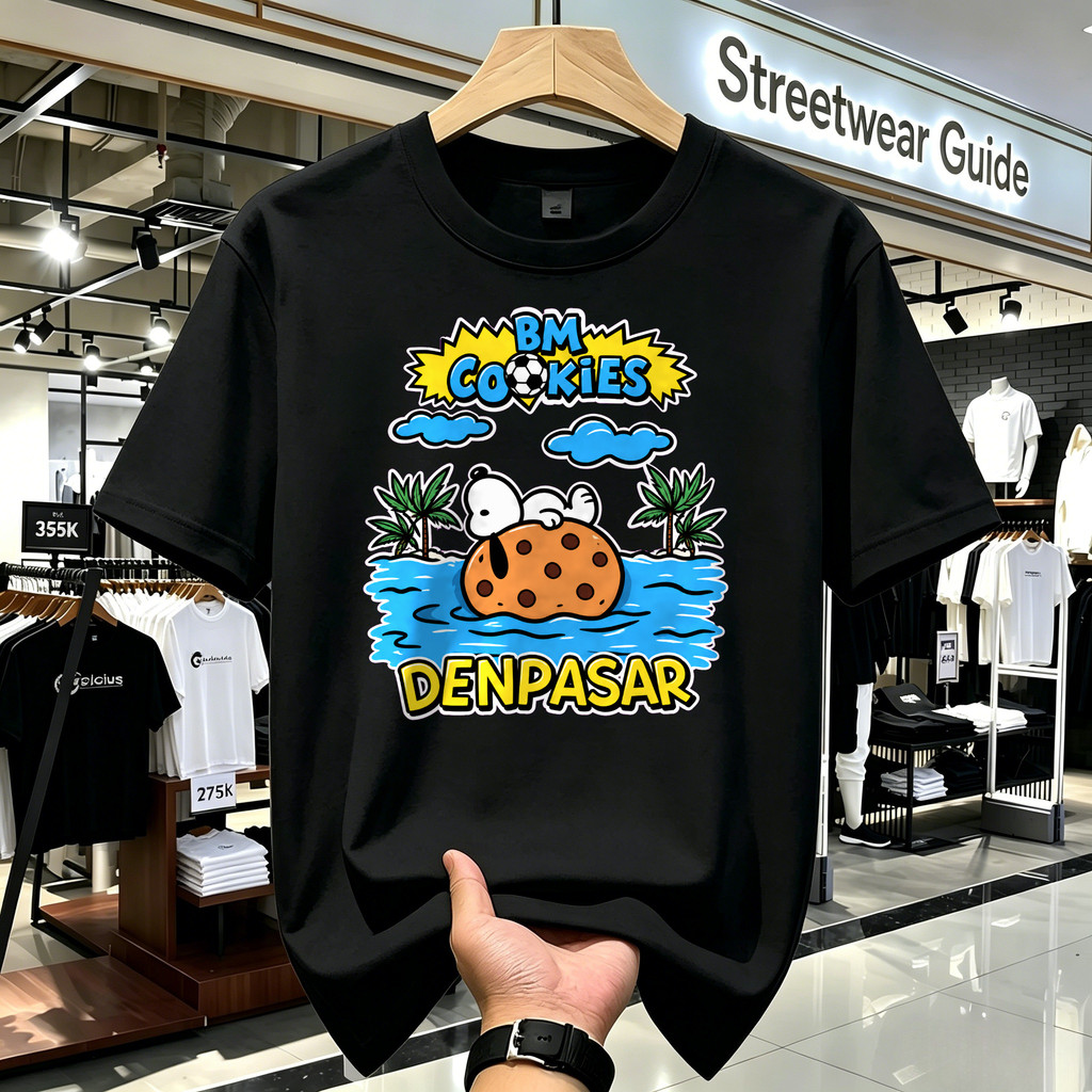 Kaos Pria Lengan Pendek BM Cookies Denpasar Desain Kartun Pantai Tropis Kaos Distro Sablon T Shirt U