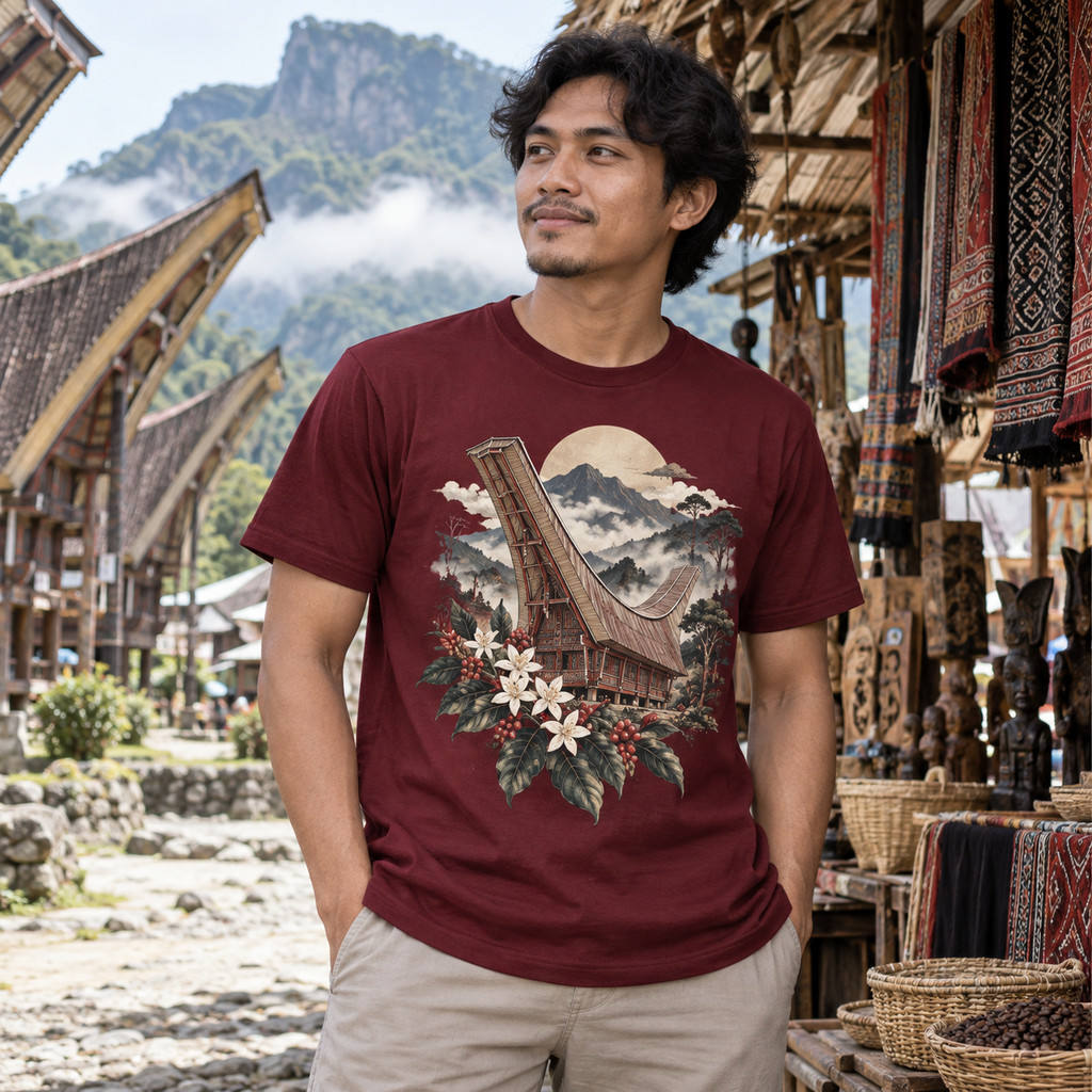Kaos Pria Katun Motif Rumah Toraja Kopi | Outfit Travel Sulawesi