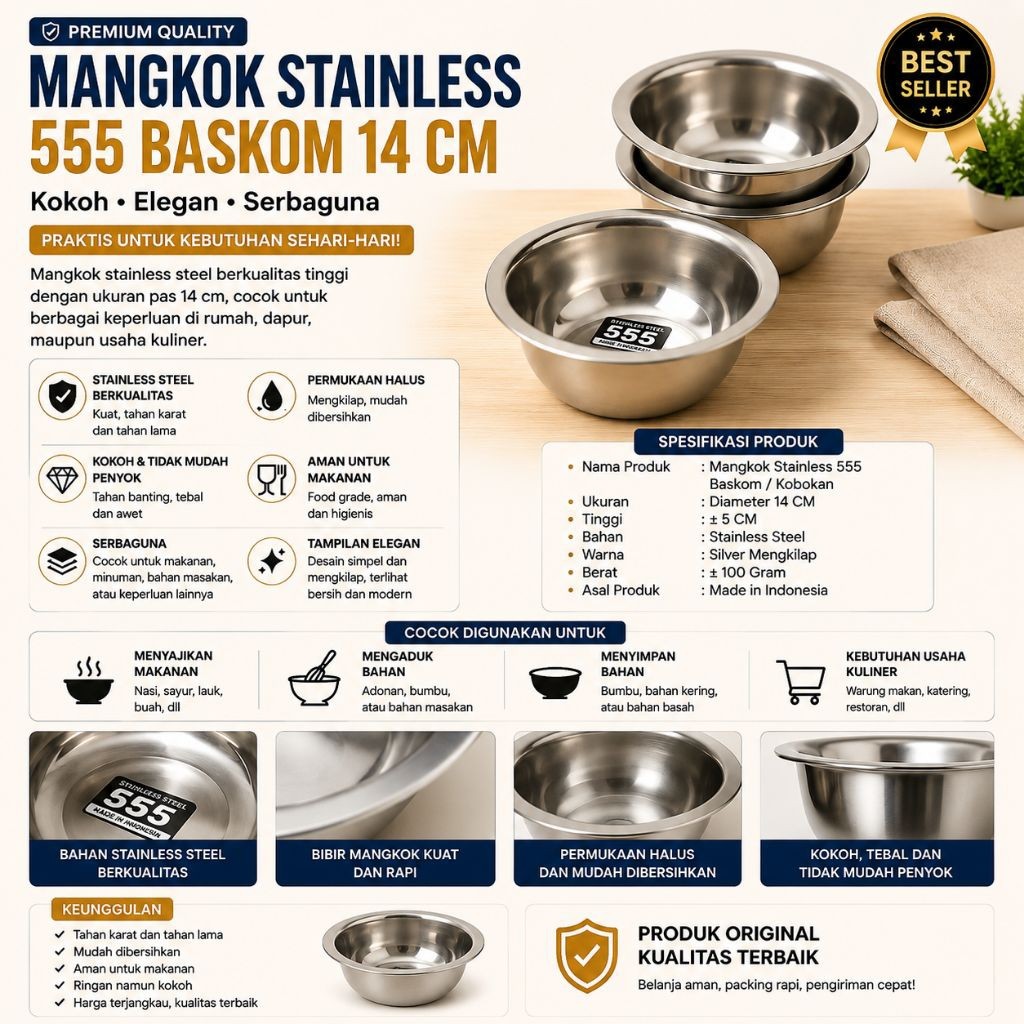 Mangkok Stainless 555 Baskom 14 Cm /Kobokan Stainless 14cm