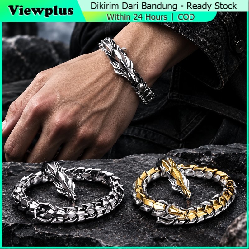 Gelang Naga Pria / Gelang Rantai Pria Model Naga Silver Gold / Gelang Rantai Kepala Naga / Gelang Pr