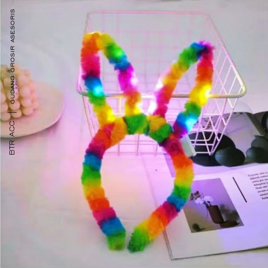 PAKET USAHA 1 LUSIN (12 PICS ) BANDO KELINCI LAMPU NYALA RAINBOW TERBARU BANDO KELINCI LED PARTY TER