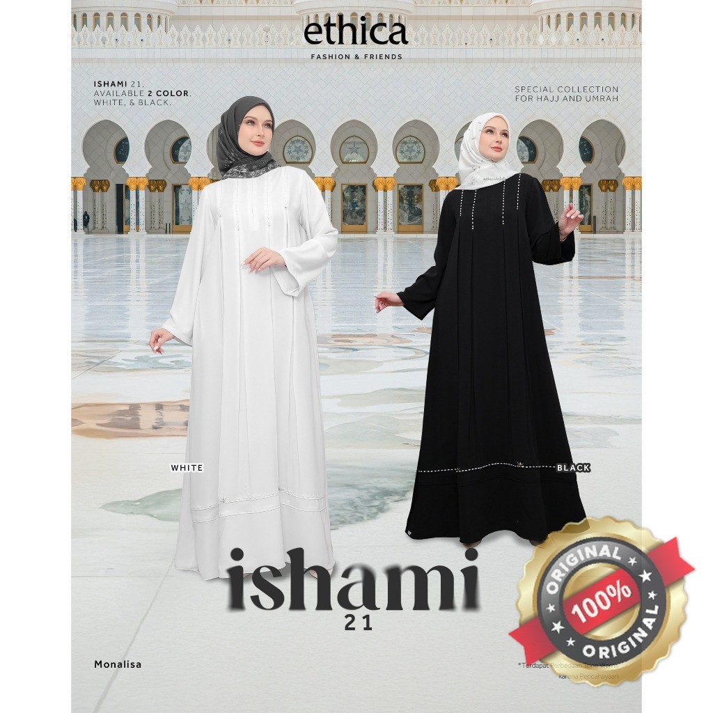 ETHICA Gamis Ishami 21 Dress Hitam Putih Umroh Haji Black White Katun Polos mix Payet Cantik Kekinia