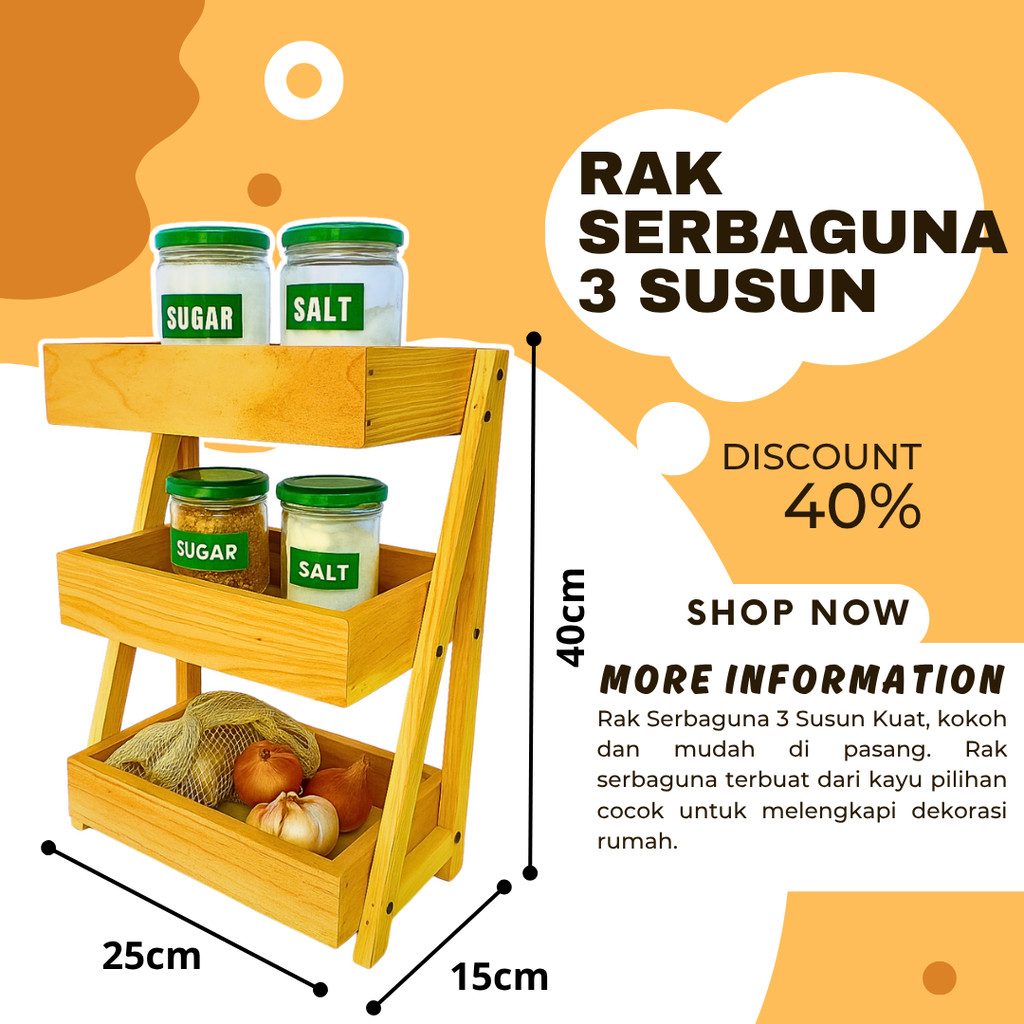 Rak Bawang Kayu 3 Susun / Rak Bumbu Serbaguna