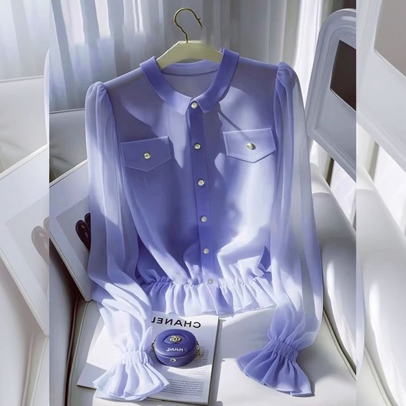 Blus chiffon lengan panjang ungu untuk wanita