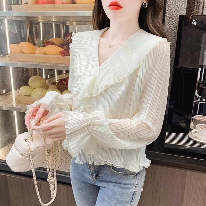 Kemeja Wanita Korean Style V-Neck Lipit Renda | Blus Sifon Premium Elegan Cantik | Model M700