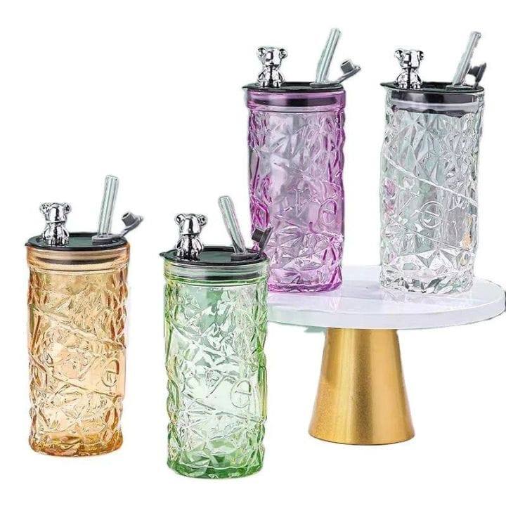 BOTOL KACA BEAR KRISTAL 400ml / TUMBLER GLASS KRISTAL 400ML BEAR plus sedotan dan dus