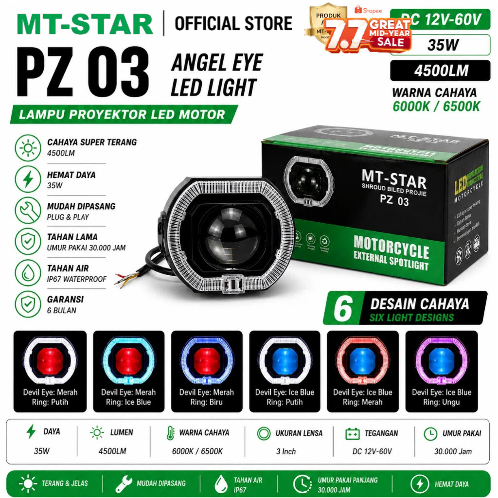 MT STAR PZ03 Projie Biled Matrix X1 3 Inch High Low Putih Body black plus kipas Premium Intelligent 