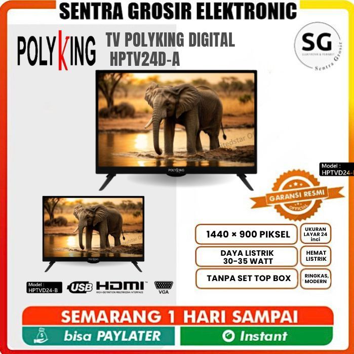 TV LED 24 Inch Polyking Kingkong Series HPTV24D-A HD TV Siap Digital DVB-T2