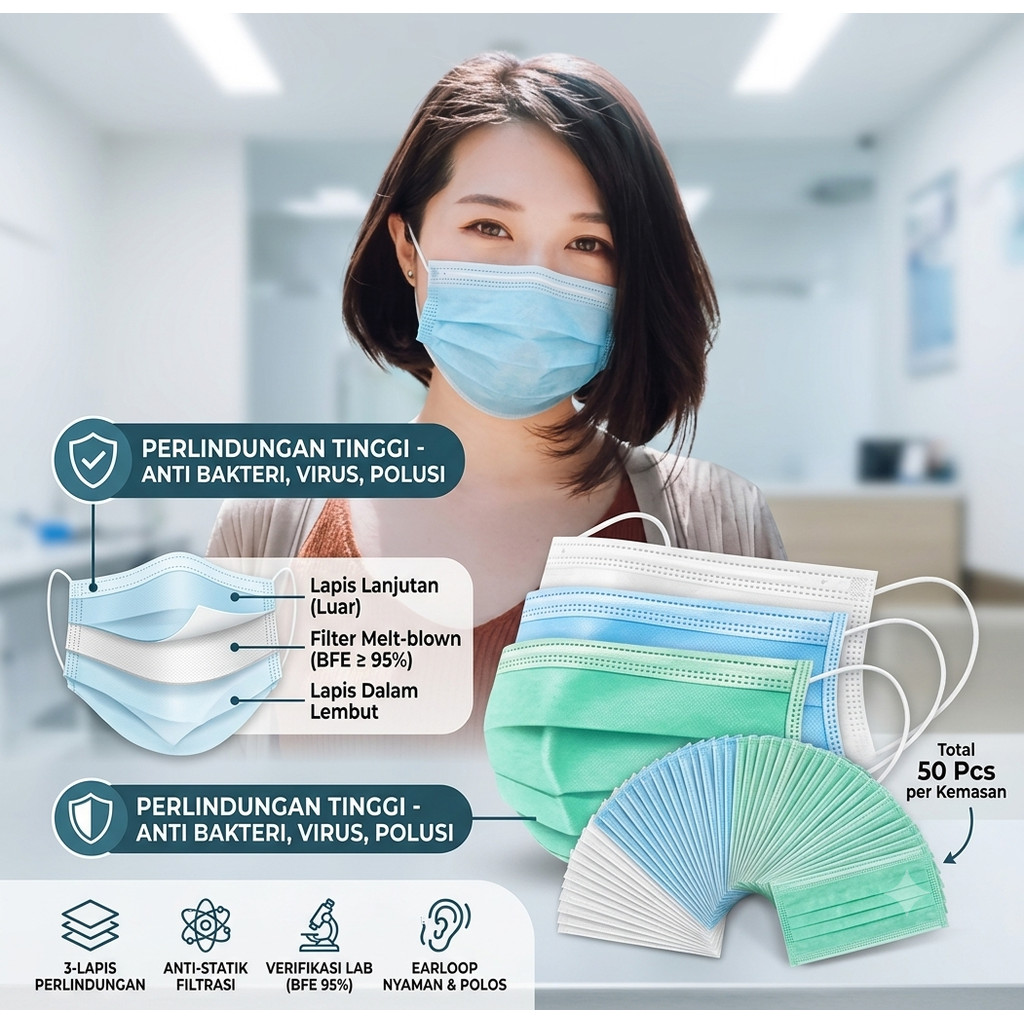 Masker 3 ply 3ply isi 50 Green Edition HIJAU BIRU PUTIH Earloop Medis Grade FDA