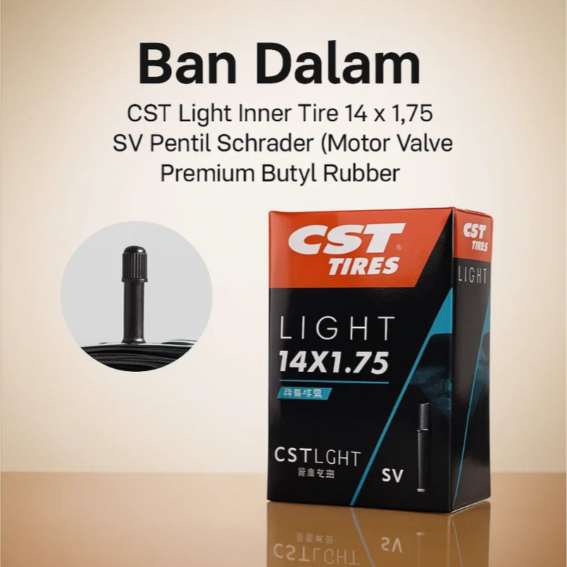 Foto Ban Dalam CST Light Inner Tire 14 x 1.75 SV Pentil Schrader Besar Motor Valve Premium Butyl Rubber sepeda 14 1.75 inch