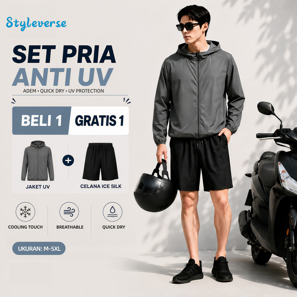 Styleverse Set Jaket Anti UV & Celana Pendek Pria Ice Silk Premium Adem Quick Dry Outdoor M-5XL | Be