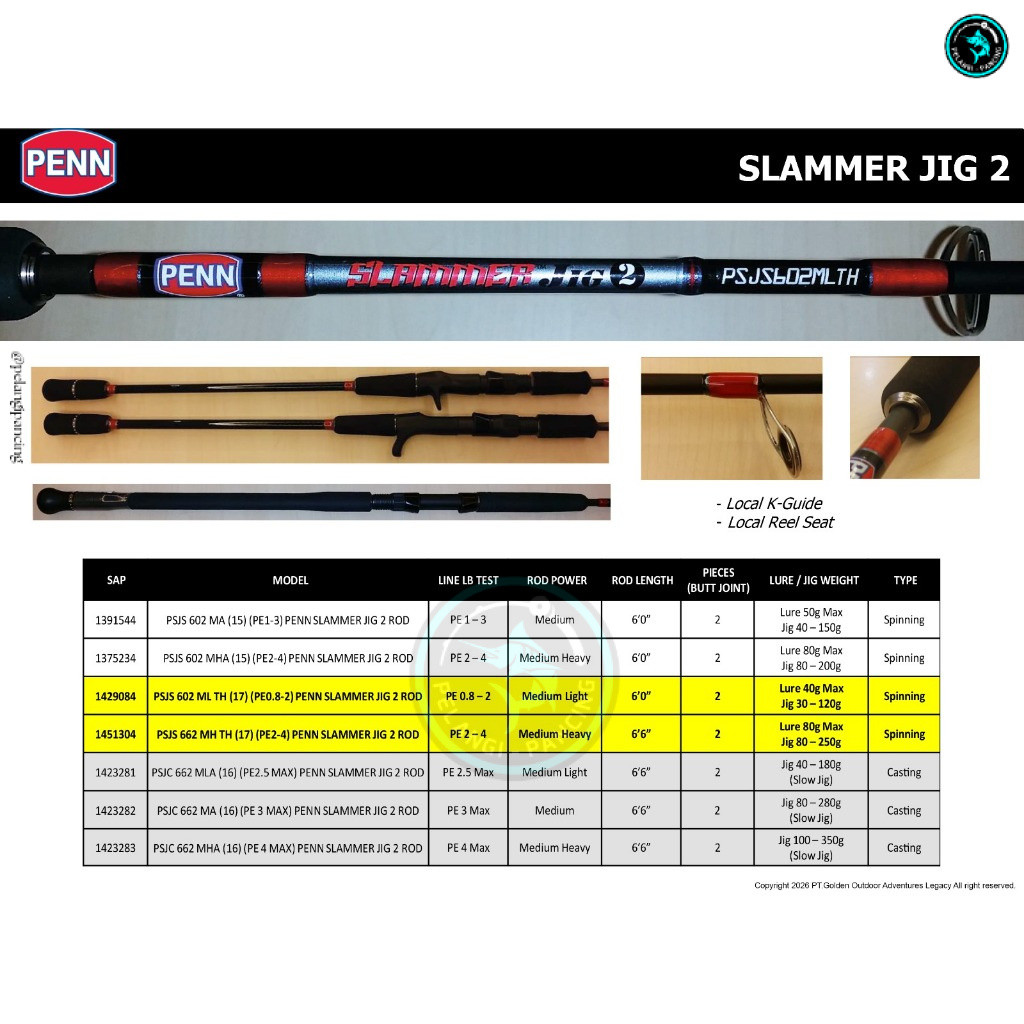 Pelangi Pancing Joran Pancing PENN Slammer Jig 2 C662ML PE 2.5 PE 3 Overhead Slow Jigging