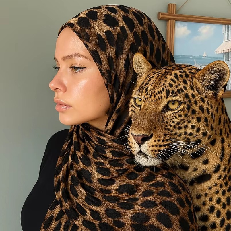 Pashmina Selendang Panjang Motif Macan Tutul Bahan Poliester Katun Jilbab Wanita Muslimah Model Etni