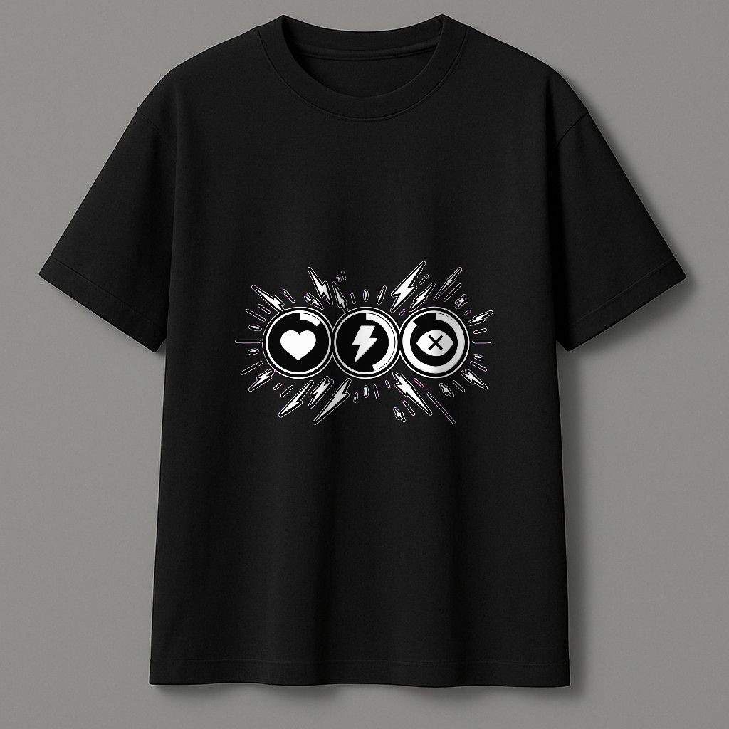 Kaos Pendek Motif Ikon Hati, Petir, Dan Simbol X Monokrom Minimalis, Katun 100% Cotton 24s Dengan Bo