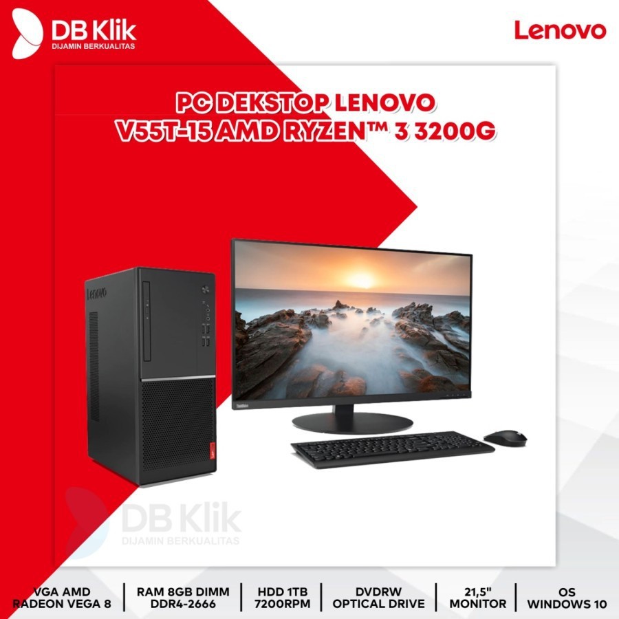 PC Desktop Lenovo V55t-15 AMD Ryzen 3 3200G | 8GB 1TB DVDRW Wind10 21.5"